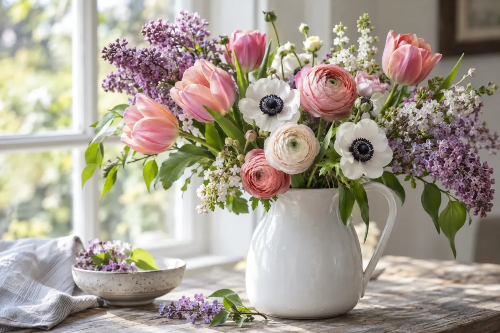 Bouquet de printemps de tulipes, renoncules, anémones et lilas dans un pichet blanc