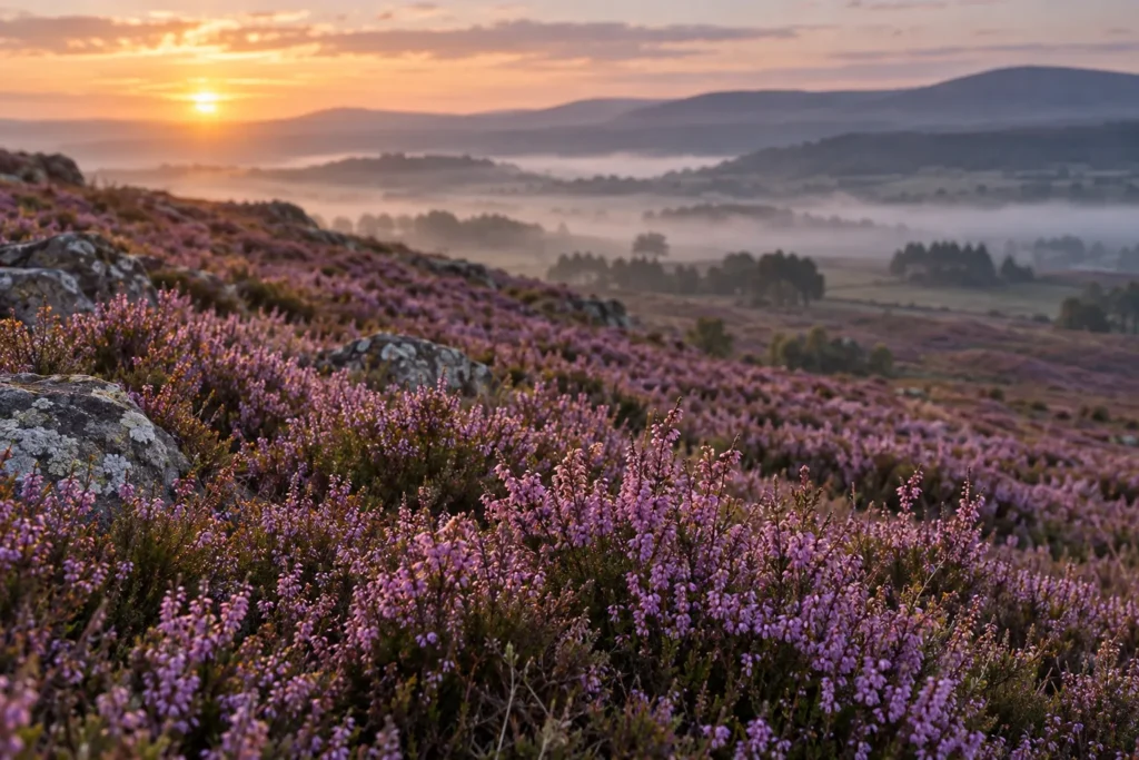 Lande couverte de bruyère violette en fleurs dans la brume au lever du soleil
