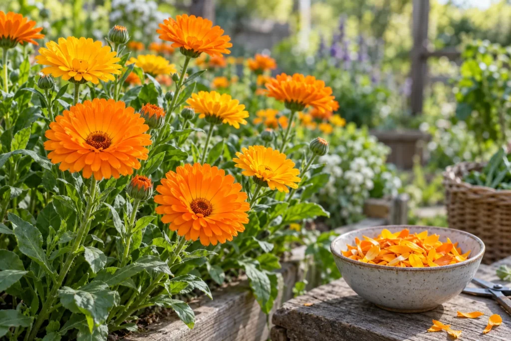 Soucis officinaux (calendula) orange et dorés dans un potager, avec un bol de pétales frais
