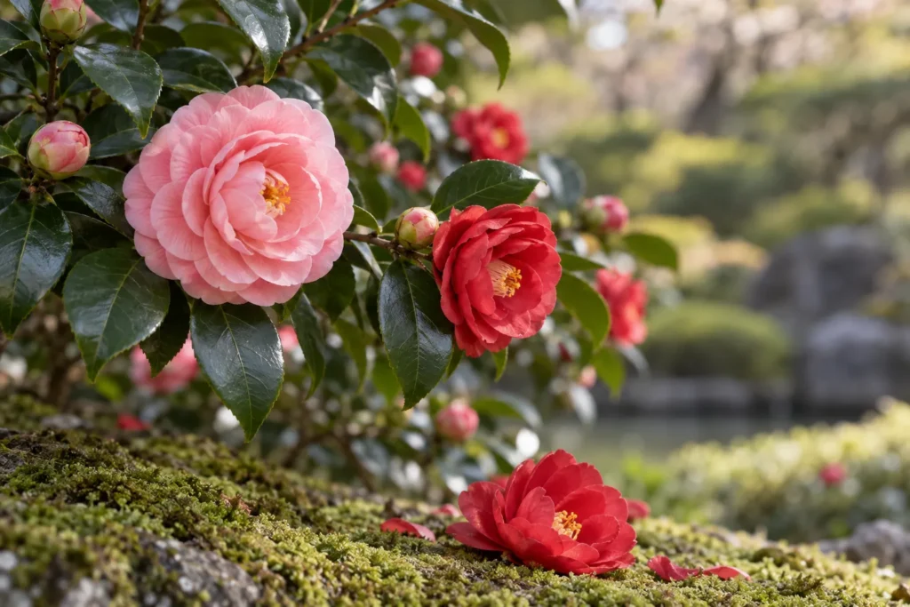 Fleurs de camélia roses et rouges aux feuilles brillantes, une fleur tombée sur la mousse