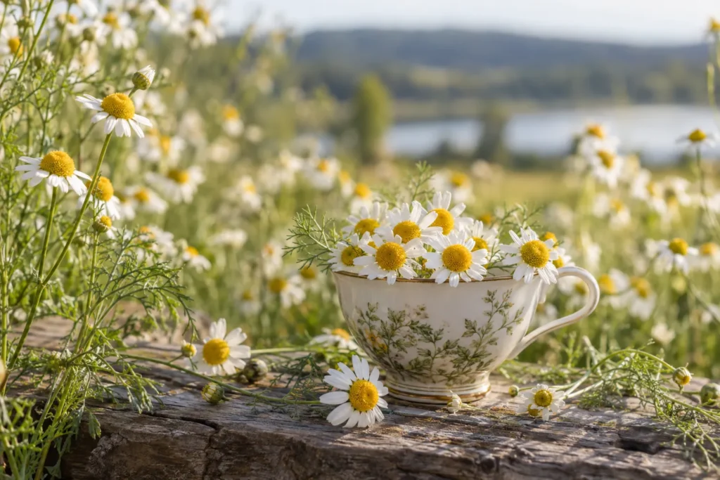 Fleurs de camomille blanches au cœur jaune dans une prairie, quelques-unes dans une tasse