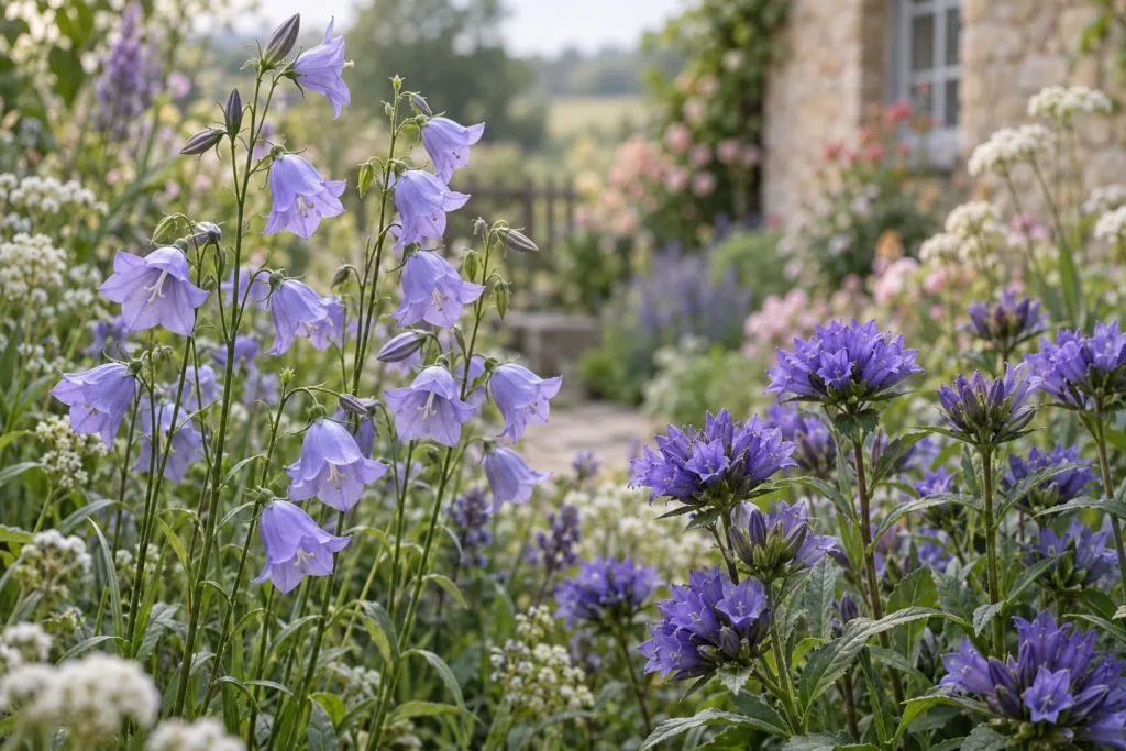 Campanules bleu violet en clochettes dans une bordure de jardin champêtre