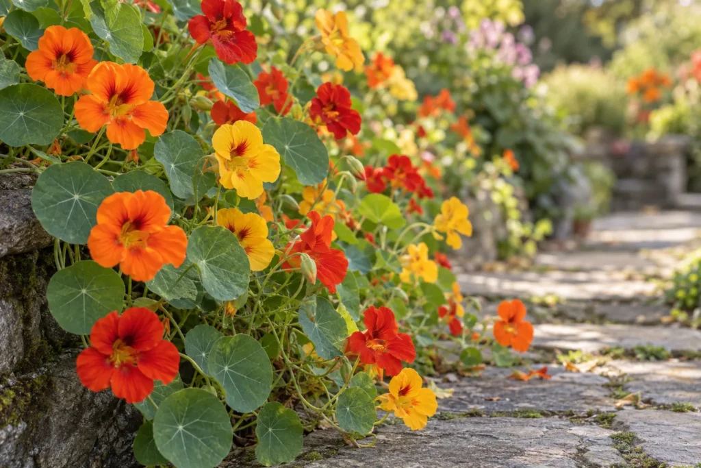 Capucines orange, rouges et jaunes débordant sur une allée de jardin