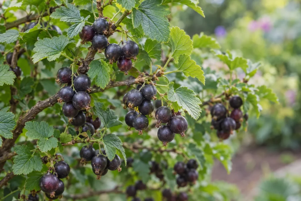 Arbuste de casseillier (josta) chargé de grappes de baies violet foncé