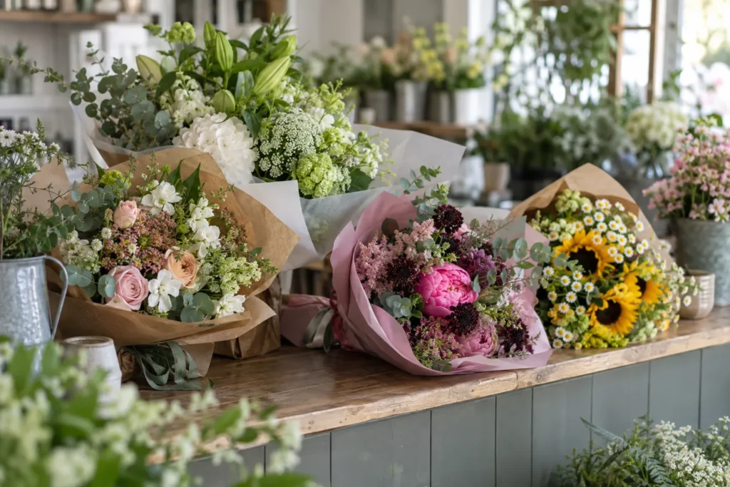 Comptoir de fleuriste avec plusieurs bouquets emballés de styles et couleurs variés