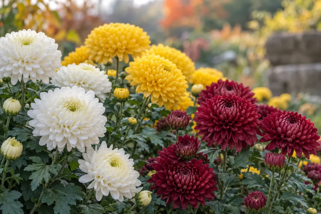 Chrysanthèmes en pompons blancs, dorés et bordeaux dans un jardin d’automne