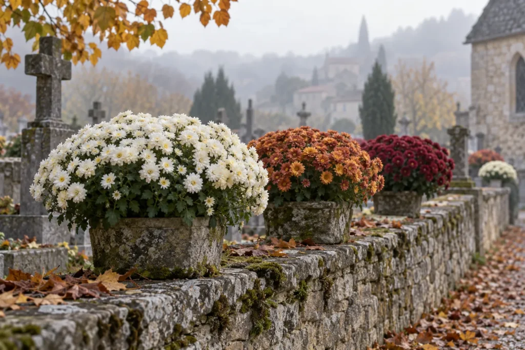 Potées de chrysanthèmes blancs, bronze et bordeaux sur un muret de cimetière un matin brumeux de novembre