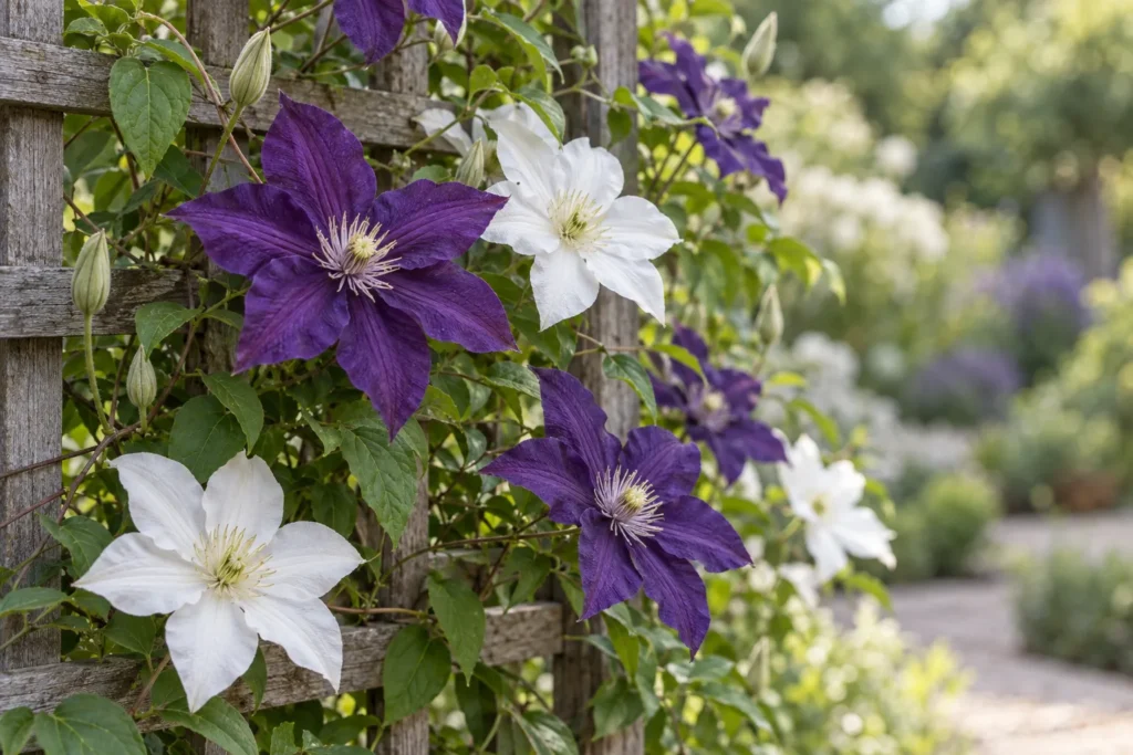 Clématites violettes et blanches grimpant sur un treillage en bois