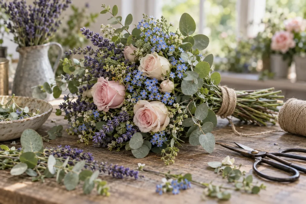 Bouquet symbolique en cours de composition sur un plan de travail de fleuriste