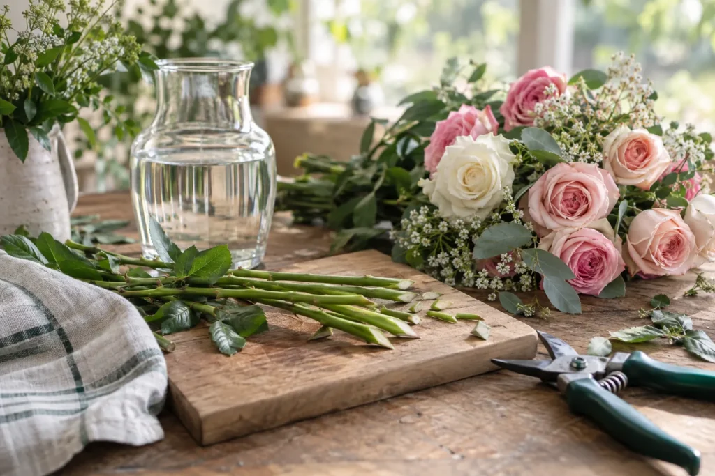 Tiges de roses coupées en biais sur une planche, sécateur et vase d’eau claire