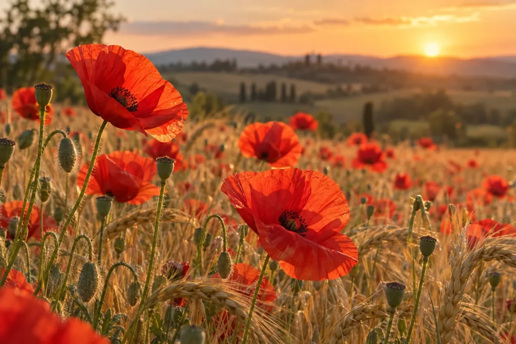 Coquelicots rouges dans un champ de blé doré au coucher du soleil