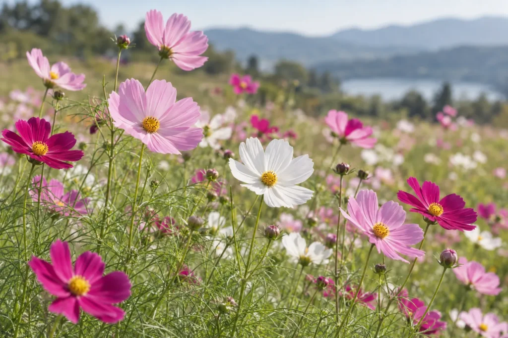 Fleurs de cosmos roses, blanches et magenta dans une prairie ensoleillée
