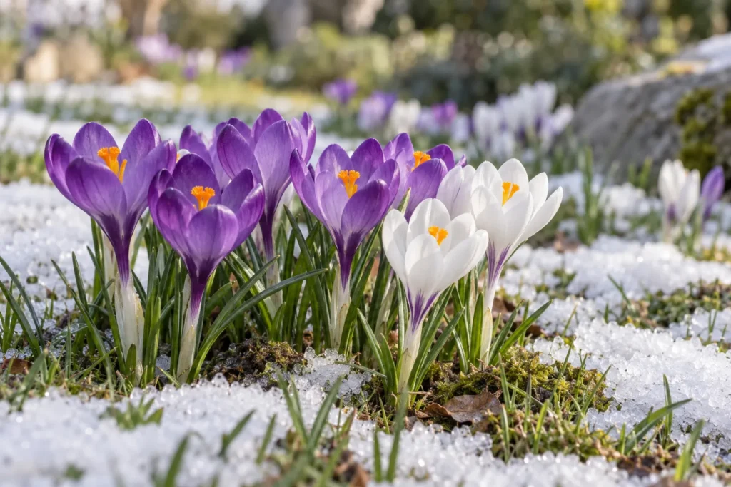 Crocus violets et blancs perçant la neige fondante d’une pelouse en fin d’hiver