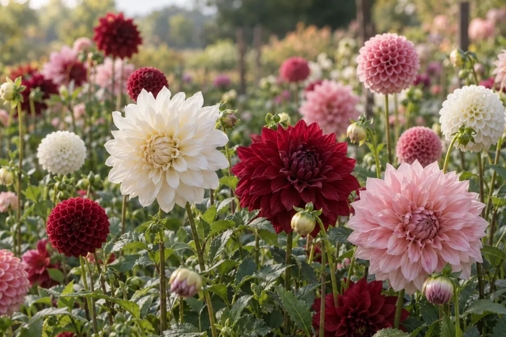 Dahlias blancs, rouge profond et roses, en pompon et décoratifs, dans un jardin de fin d’été