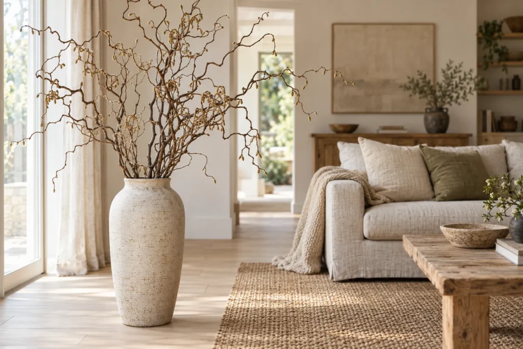 Branchages naturels dans un grand vase en céramique dans un salon lumineux aux tons bois et lin