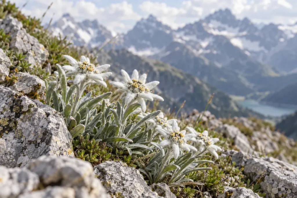 Edelweiss aux fleurs blanches duveteuses en étoile parmi des rochers alpins