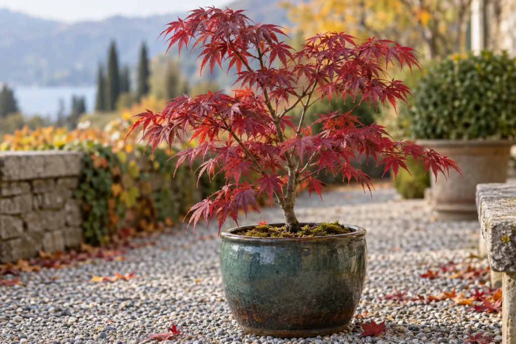 Jeune érable du Japon greffé aux feuilles rouges dans un pot émaillé sur une terrasse