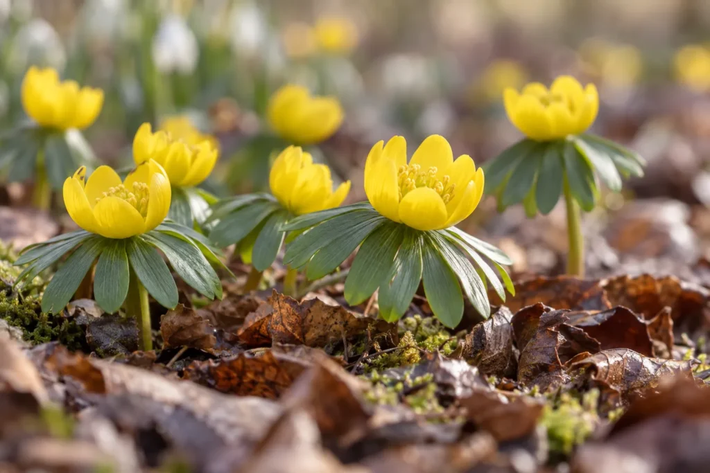 Éranthes d’hiver aux fleurs jaunes perçant les feuilles mortes