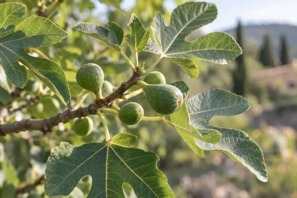 Branche de figuier aux grandes feuilles lobées et jeunes figues vertes