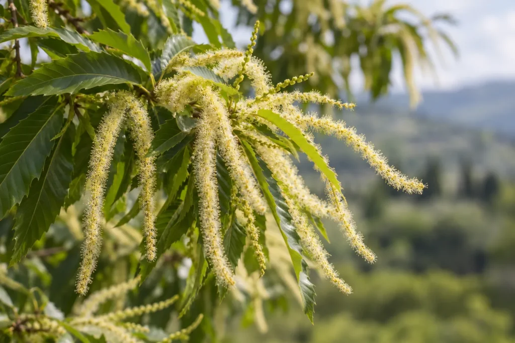 Châtaignier en fleurs aux longs chatons jaune crème parmi les feuilles dentées