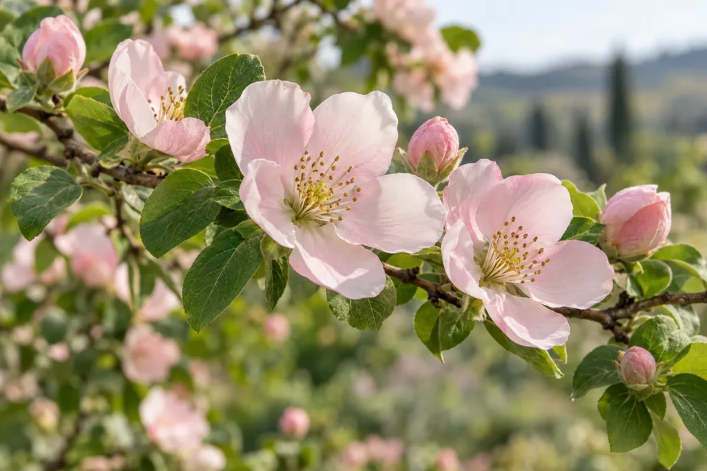 Fleurs de cognassier rose pâle en coupe sur une branche au printemps