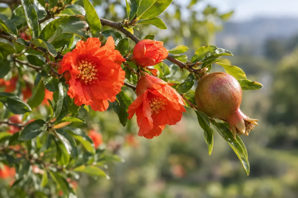 Fleurs de grenadier rouge orangé et jeune grenade sur une branche
