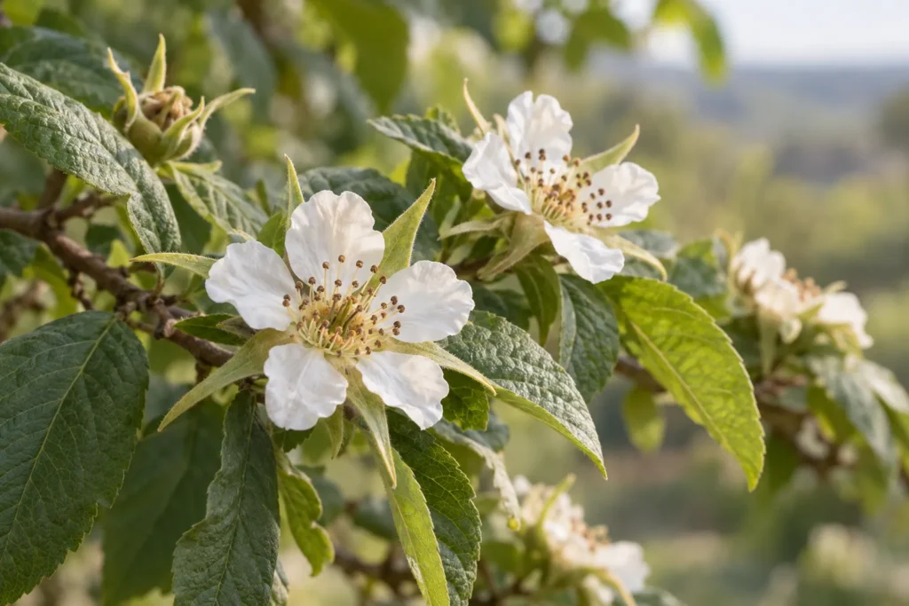 Grandes fleurs blanches de néflier commun sur une branche feuillue
