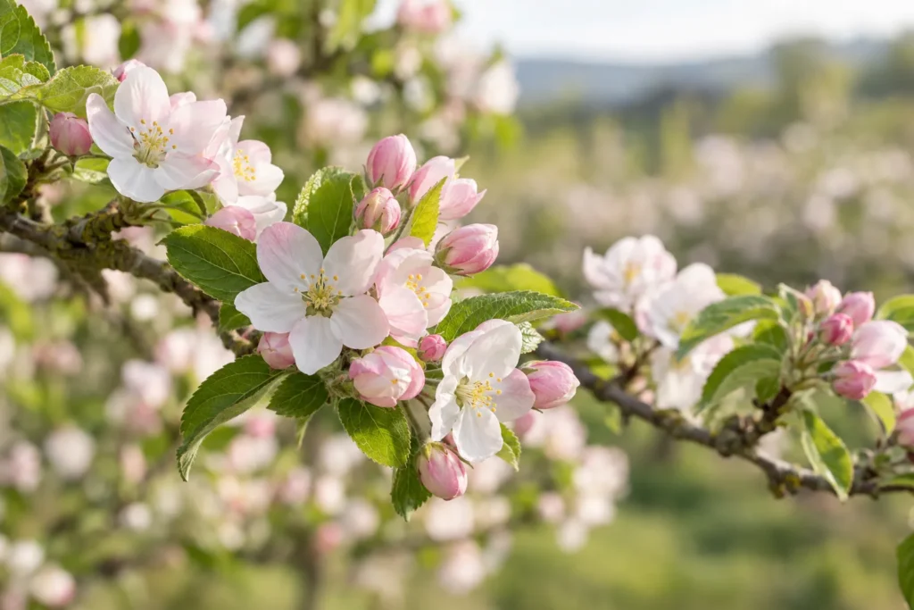 Fleurs de pommier blanches teintées de rose sur une branche de verger au printemps