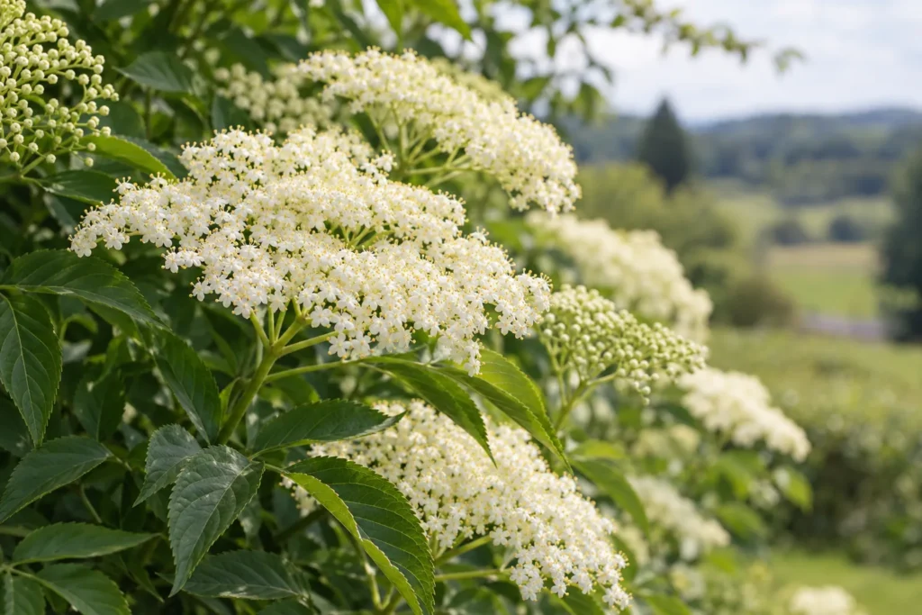 Ombelles de fleurs de sureau blanc crème sur une haie à la fin du printemps