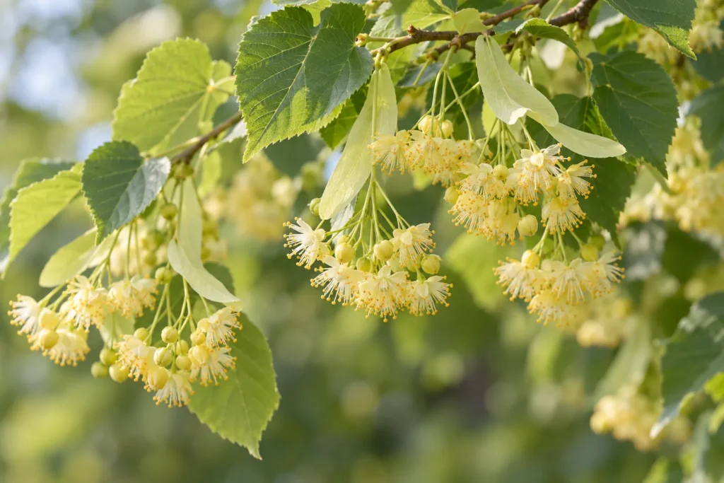 Fleurs de tilleul jaune pâle en grappes sous leurs bractées sur une branche d’été