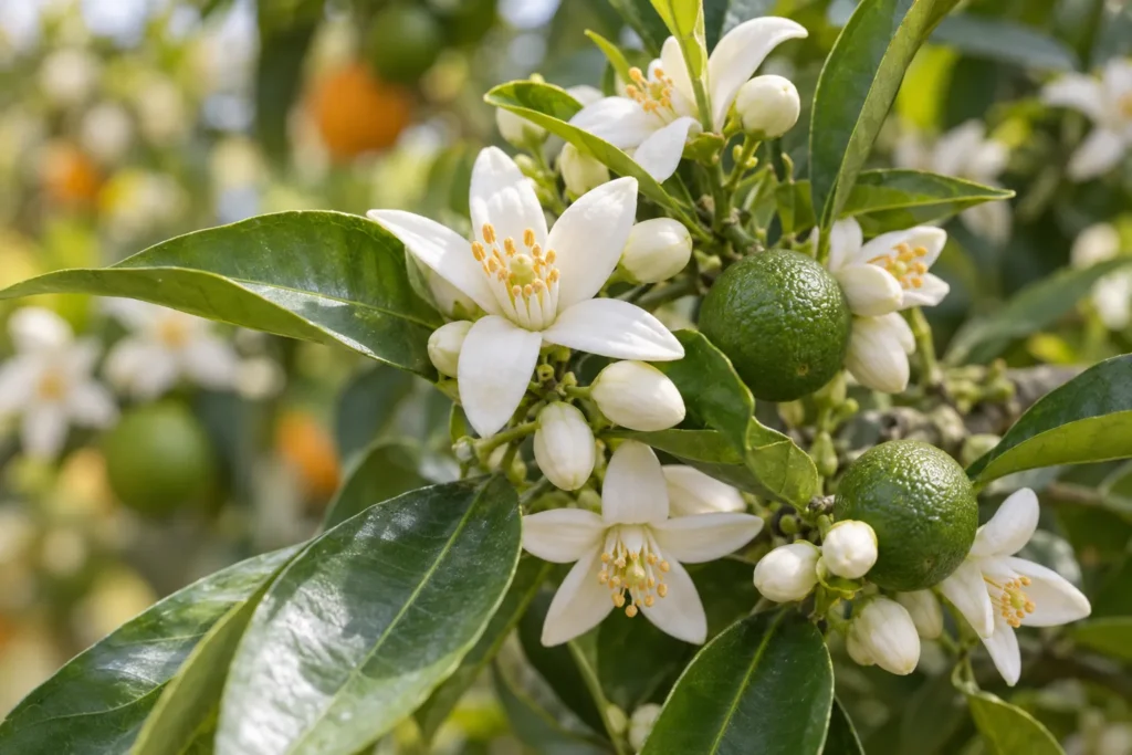 Fleurs d’oranger blanches et parfumées sur une branche aux feuilles brillantes