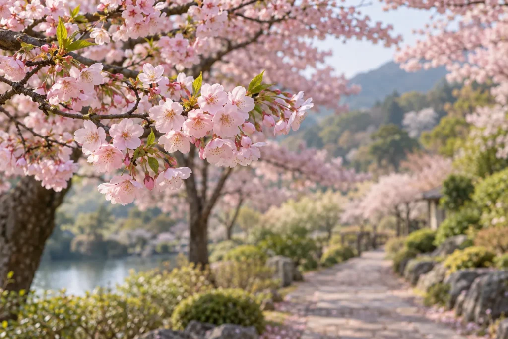 Cerisiers japonais en fleurs roses le long d’une allée au printemps