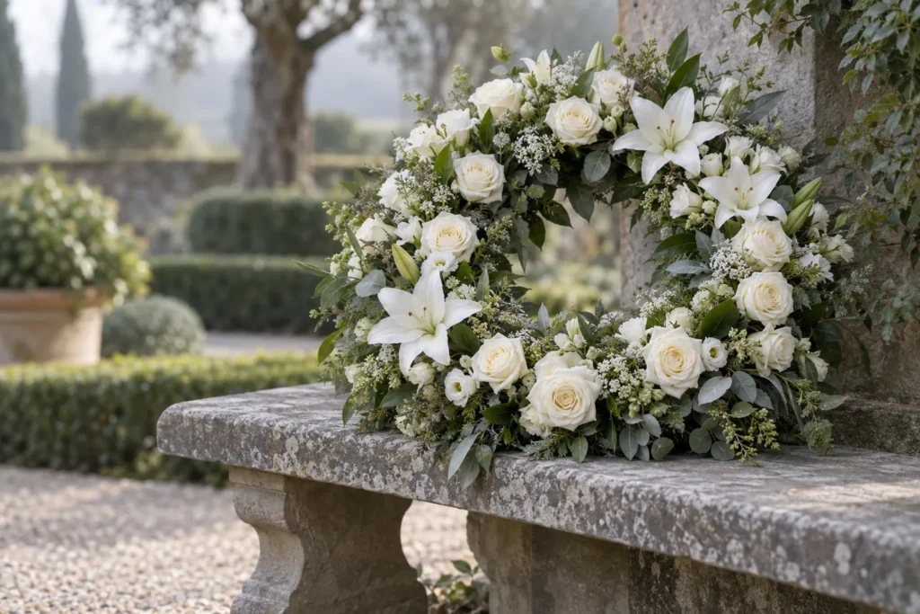 Couronne de deuil sobre en roses blanches, lys et feuillage posée sur un banc de pierre