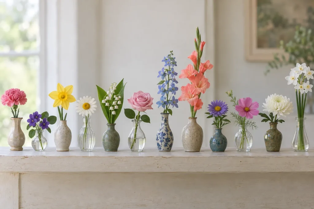 Douze soliflores alignés contenant chacun la fleur de naissance d’un mois de l’année