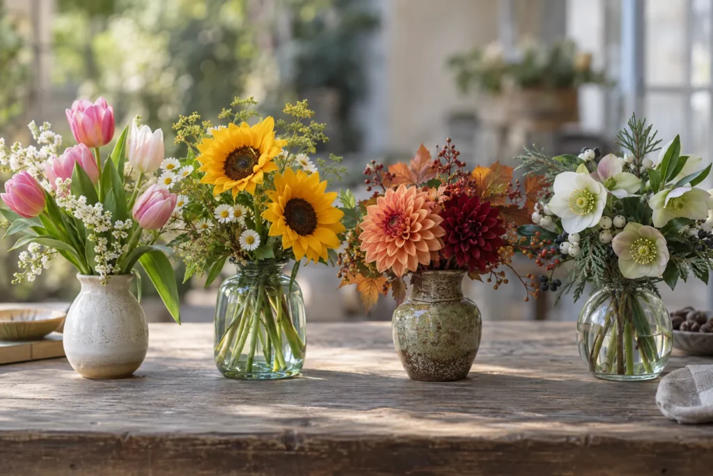 Quatre petits vases de fleurs de saison : tulipes, tournesols, dahlias et hellébores