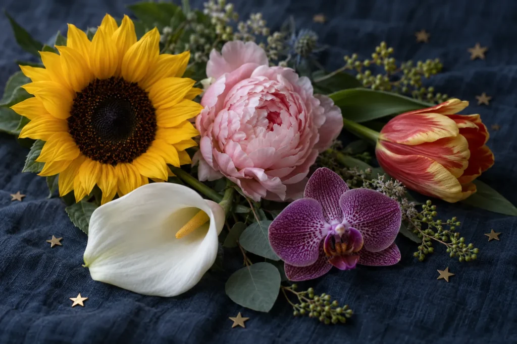 Tournesol, pivoine, tulipe, arum et orchidée sur un fond bleu nuit parsemé d’étoiles dorées