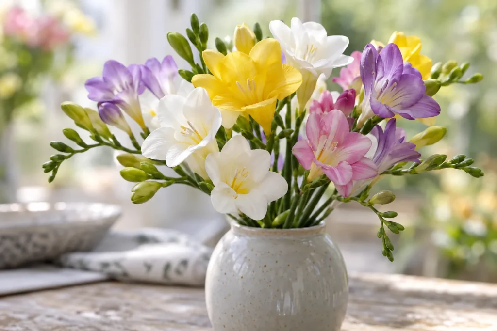 Freesias blancs, jaunes, roses et violets dans un petit vase