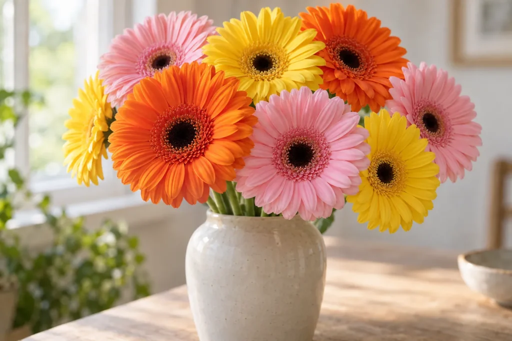 Gerberas orange, jaunes et roses dans un vase en céramique près d’une fenêtre