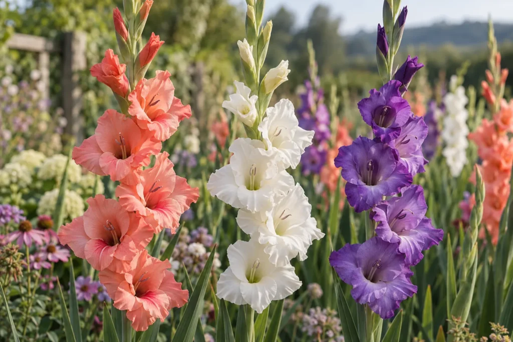Hampes de glaïeuls corail, blancs et violets dans un jardin d’été