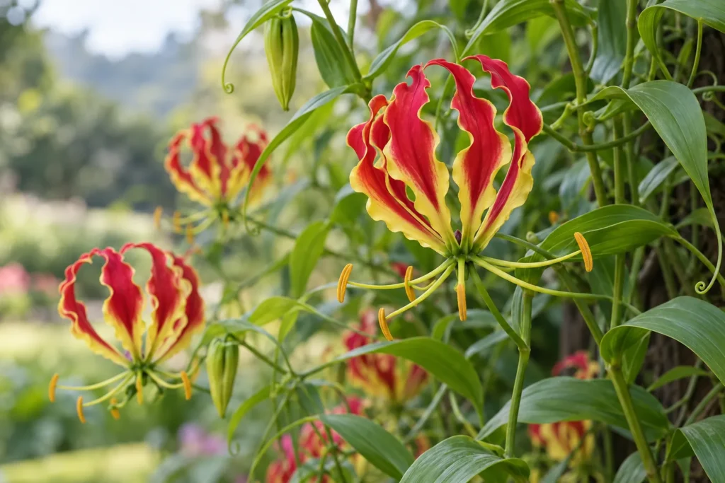 Gloriosa aux pétales ondulés rouges et jaunes grimpant parmi les feuilles