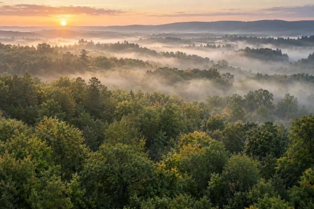 Vue aérienne d’une grande forêt française de chênes et de hêtres dans la brume matinale