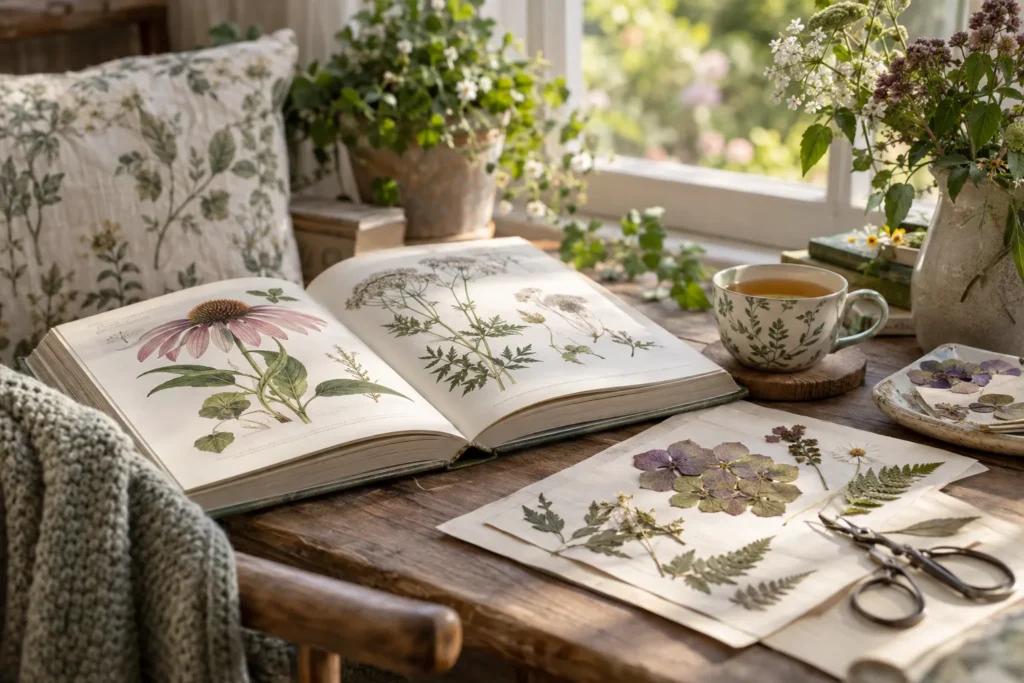 Livre botanique ouvert, fleurs séchées et tasse de thé près d’une fenêtre