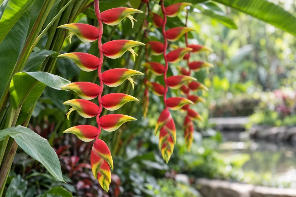 Héliconia aux bractées pendantes rouges et jaunes dans un jardin tropical