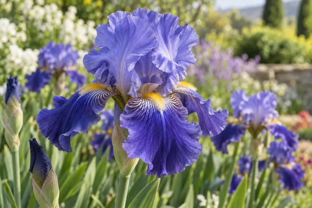 Iris des jardins violet-bleu aux pétales ondulés dans un massif ensoleillé