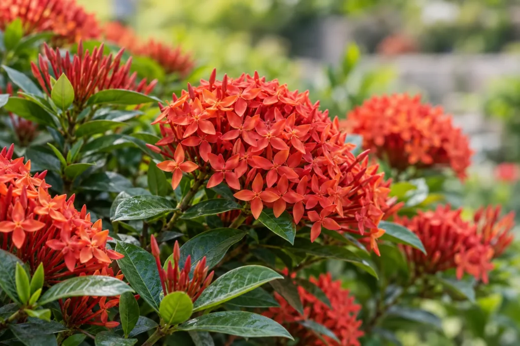 Ixora aux grappes arrondies de petites fleurs rouge orangé