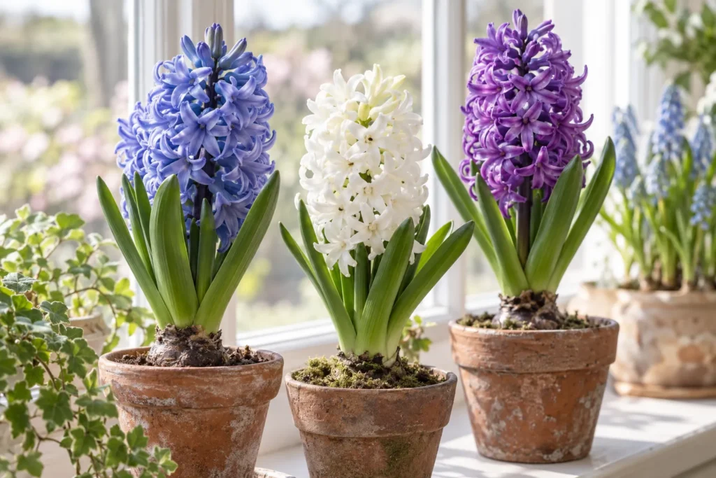 Jacinthes bleues, blanches et violettes en pots de terre sur un rebord de fenêtre au printemps
