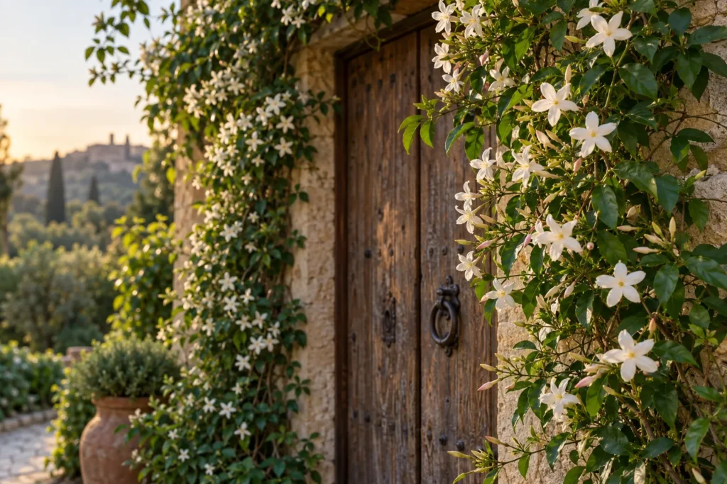 Jasmin officinal aux fleurs blanches étoilées encadrant une vieille porte en bois