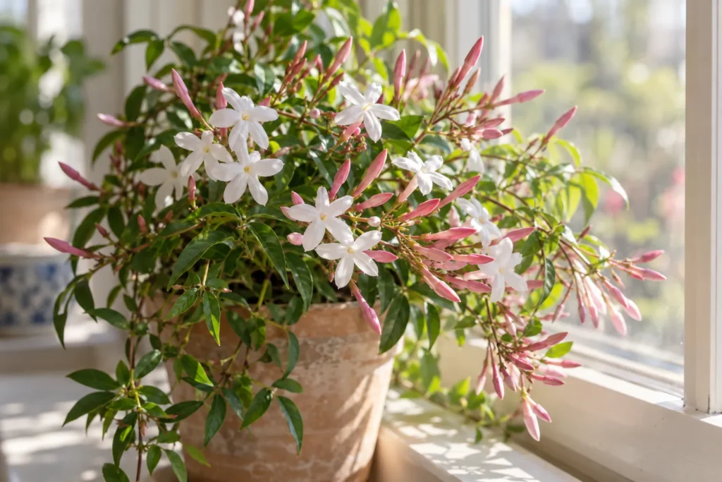 Jasmin polyanthum aux boutons roses et fleurs blanches en pot sur un rebord de fenêtre