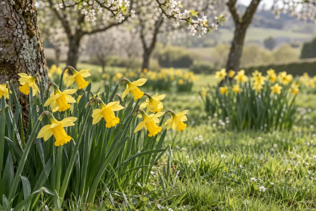 Jonquilles jaunes dans l’herbe d’un verger au printemps
