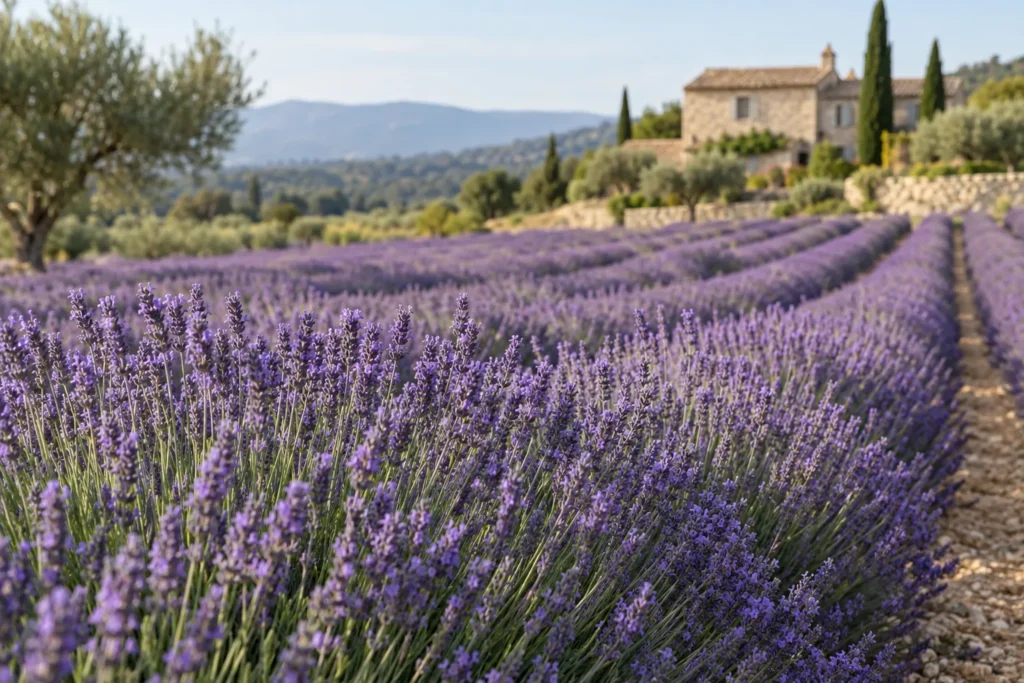 Rangs de lavande en fleurs dans un champ de Provence avec un mas en pierre